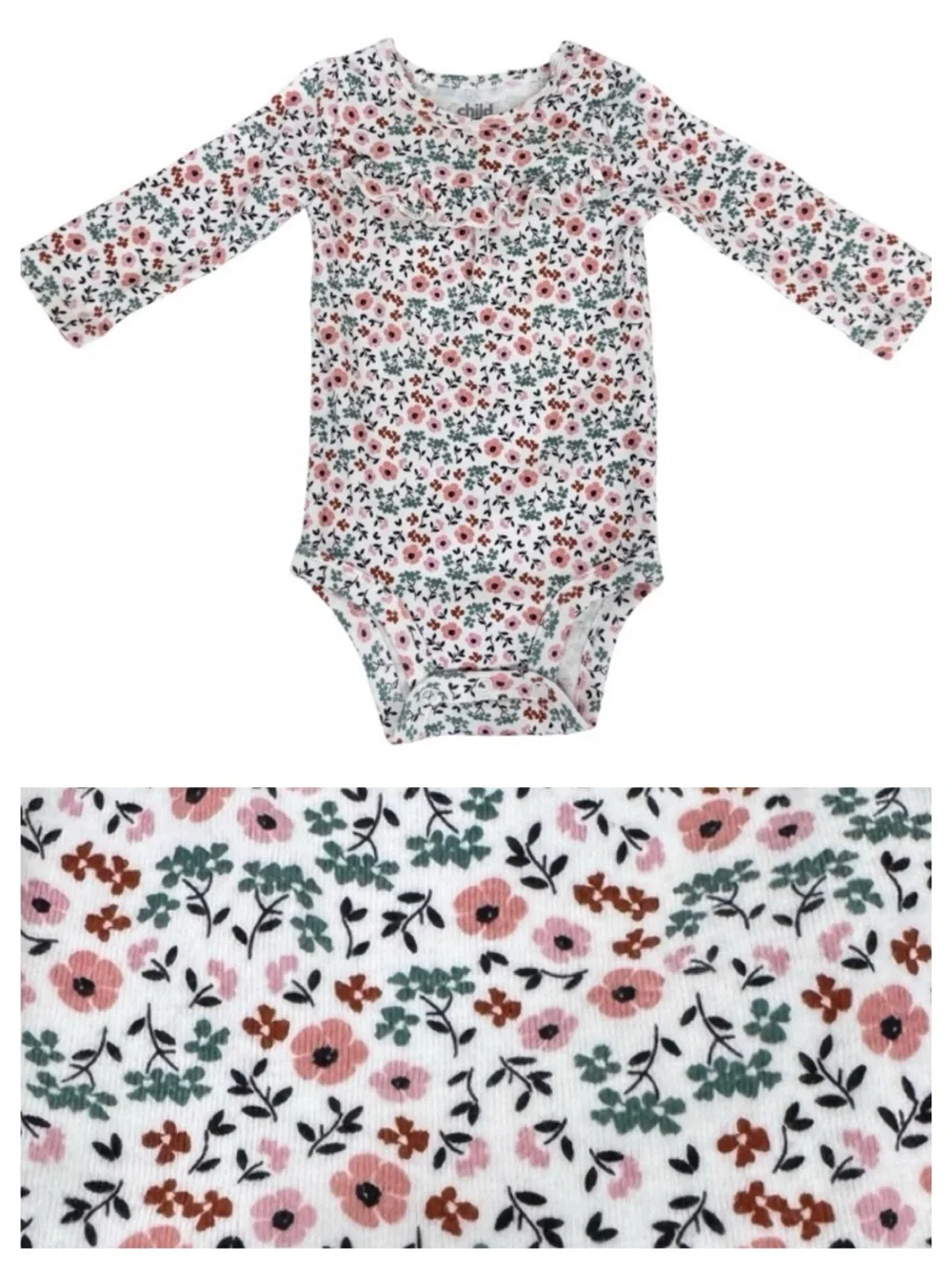 Carter’s Child Of Mine Pink Green White Boho Floral Ruffle Long Sleeve Bodysuit